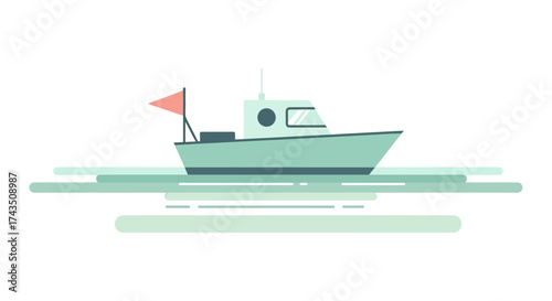 Illustration of a small fishing boat with a red flag on the water.
