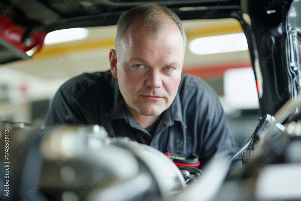 Obraz premium Male mechanic or truck driver focused on maintaining or repairing a large vehicle engine inside an industrial garage