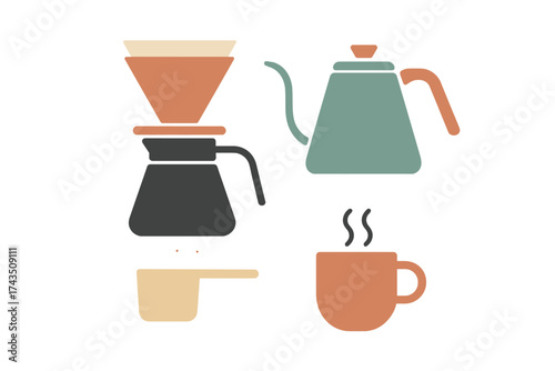 Stylish pour over coffee brewing equipment set with kettle, dripper, and mug