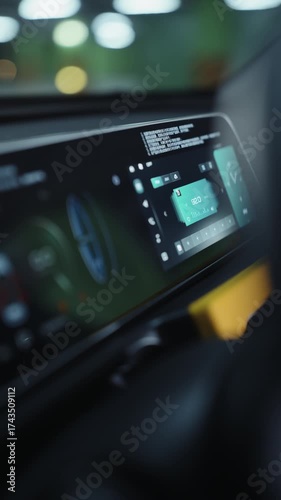 Close-up of futuristic digital dashboard in modern electric car