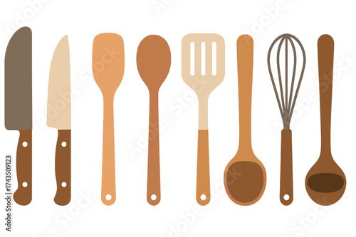 Assortment of essential cooking tools and kitchen utensils including knives, wooden spoons, spatula, whisk, and ladle