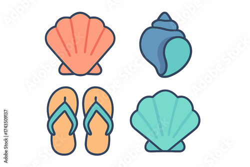 Colorful summer beach elements including seashells, conch, and flip-flops