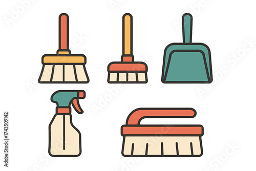 Set of essential household cleaning equipment including scrub brushes, dustpan, and spray bottle