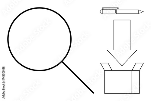 Magnifying glass, pen, downward arrow pointing to an open box signify search, documentation, and delivery. Ideal for research, strategy, shipping education workflows analysis. Minimalist flat