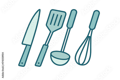 Essential cooking utensils set including a chef knife, slotted spatula, soup ladle, and wire whisk