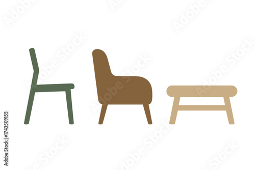 Simple modern furniture collection featuring a chair, comfortable armchair, and small wooden bench