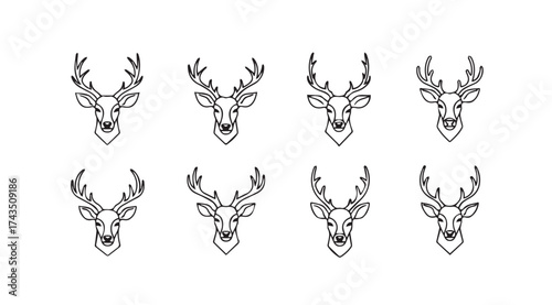 Collection of majestic stag deer heads with intricate antlers presented as stylized line art vector
