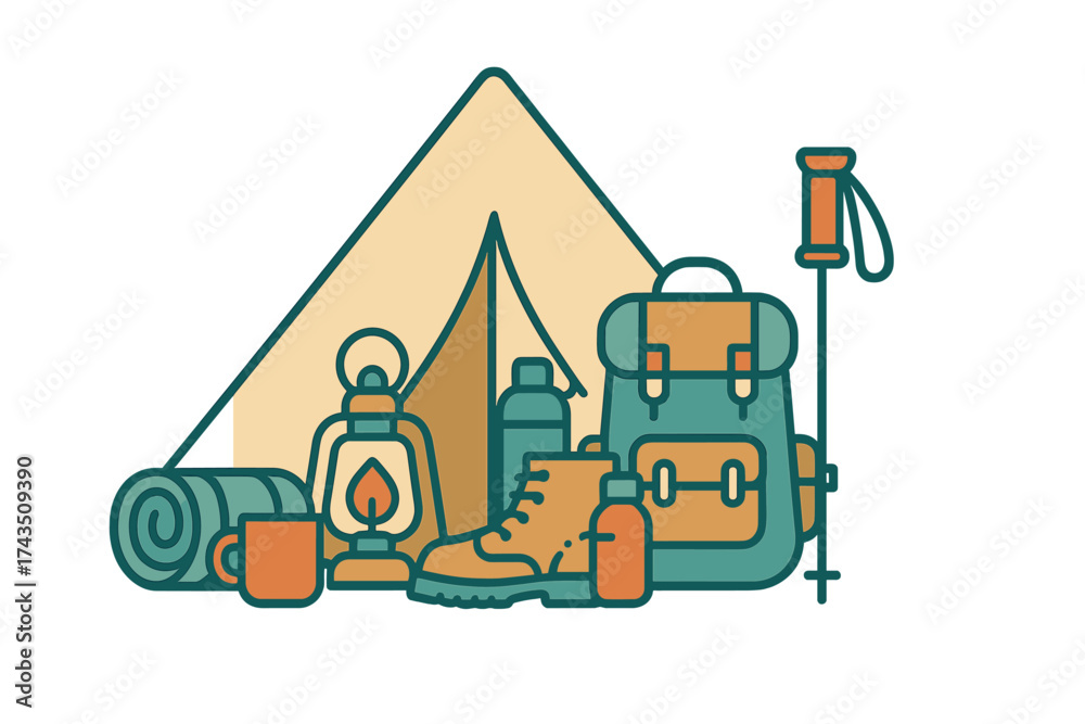 Naklejka premium Essential outdoor adventure gear collection including tent backpack boots and lantern