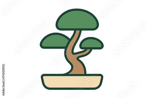 Stylized traditional Japanese bonsai tree in a ceramic pot with green foliage and curved trunk