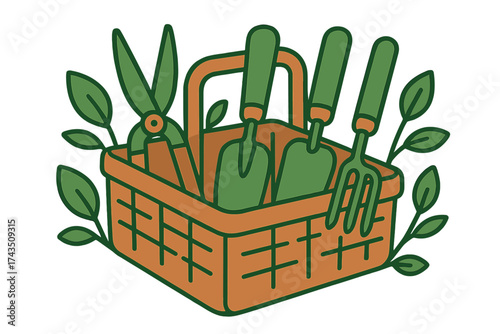 Woven basket filled with essential gardening tools and pruning shears surrounded by green foliage
