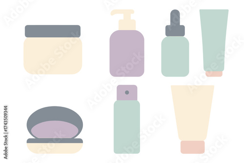 Minimalist collection of skincare and beauty product containers in soft pastel colors