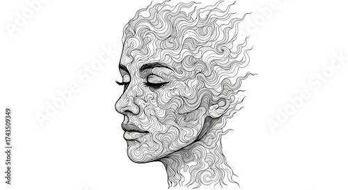Monochrome Portrait of a Woman with Intricate Line Work and Closed Eyes.