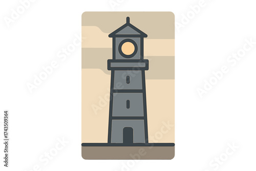 Traditional stone lighthouse tower standing against a neutral striped background