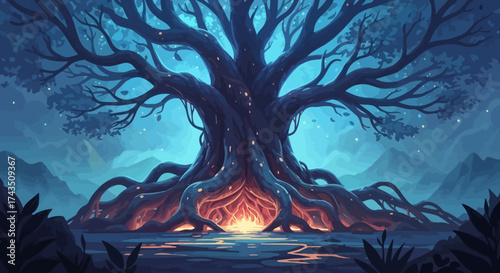 Mystical Tree of Life with Glowing Roots in a Fantasy Landscape.