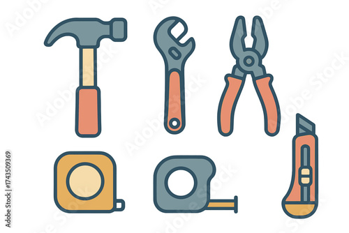 Essential construction and repair hand tools collection featuring hammer, wrench, and tape measure