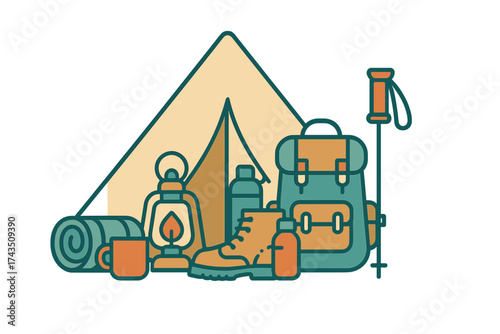 Essential outdoor adventure gear collection including tent backpack boots and lantern