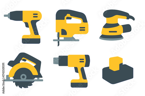 Set of essential cordless power tools for construction and home improvement projects