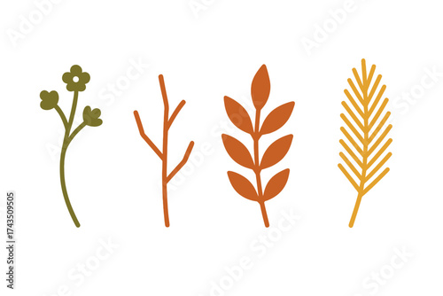 Set of four simple stylized botanical elements in warm autumn colors