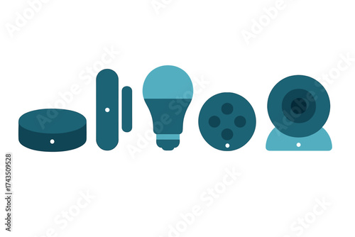 Modern smart home technology devices collection including speaker light bulb sensor and security camera