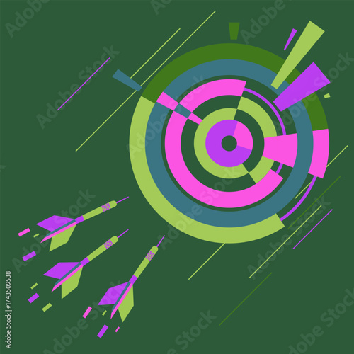 Abstract vector illustration of darts hitting a colorful circular target. Modern geometric design in pink, green, and blue tones. Concept for accuracy, precision, focus, and success.