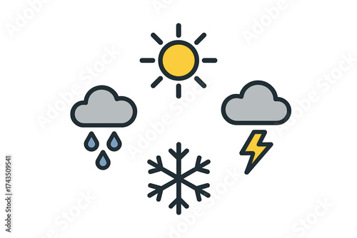 Basic weather forecast icons set showing sun, rain, snow, and thunderstorm symbols