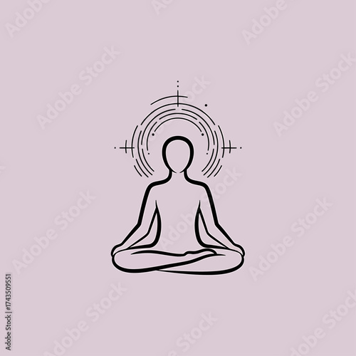 Minimalist illustration of a person meditating in lotus position with radiating circles behind their head.