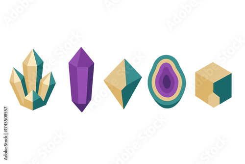 Set of colorful geometric crystals and abstract mineral shapes in isometric view