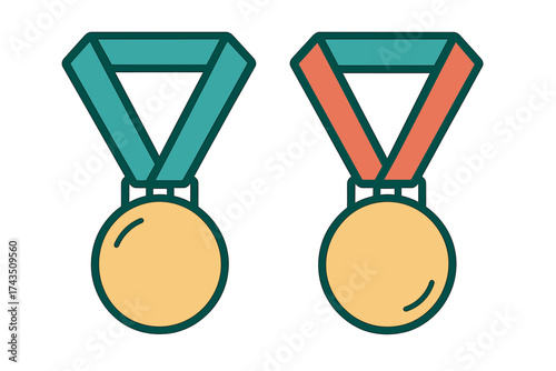 Two golden award medals hanging from different colored ribbons symbolizing victory and achievement
