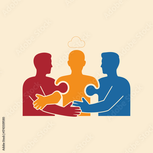 Abstract illustration of three people as interconnected puzzle pieces symbolizing collaboration, community support, and empathy