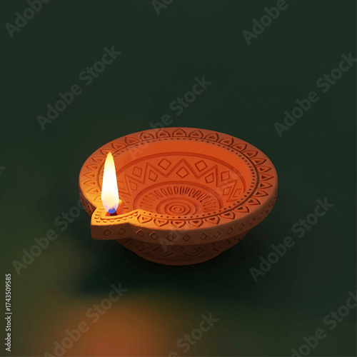 A single traditional Indian clay diya lamp glowing warmly with a bright flame, a beautiful symbol of light and celebration for the Diwali festival