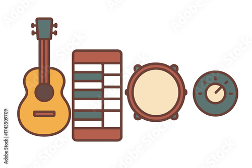 Flat design icons representing musical instruments and audio production equipment