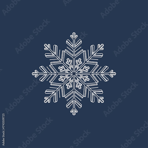 Isolated white snowflake illustration with intricate details on a dark blue background.
