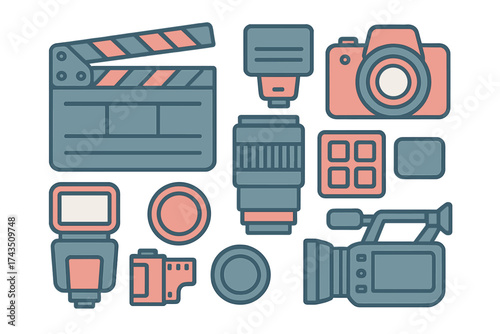 Professional photography and filmmaking equipment icons in flat design style