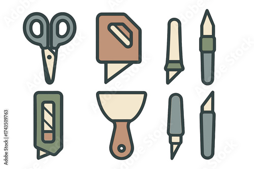 Utility and craft cutting tools collection featuring scissors knives and scraper