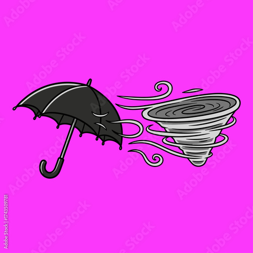Vector art of a black umbrella caught in the powerful gust of a tornado, symbolizing struggle and protection against a storm