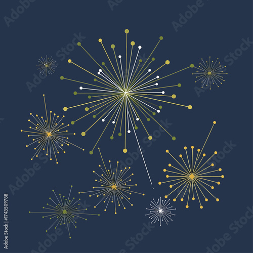 Vibrant abstract graphic illustration of stylized radial bursts and sparkling dots on a dark background, symbolizing festive celebration and dynamic energy