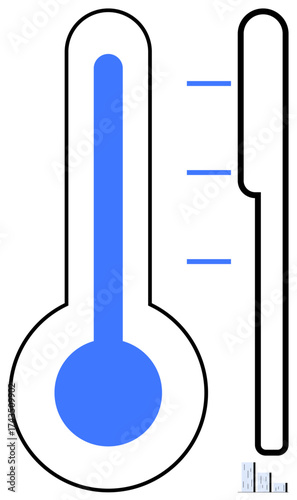 Thermometer filled with blue liquid highlighting increasing heat levels and measurement markers. Ideal for weather, temperature control, healthcare, climate, energy efficiency, data representation