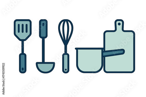 Essential cooking tools set featuring spatula whisk ladle saucepan and chopping board
