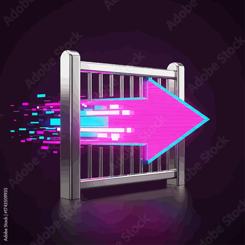 Abstract Digital Arrow Breaking Through Metal Gate with Glitch Effect Representing Forward Movement and Breakthroughs