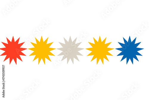 Five colorful starburst shapes arranged in a row with spiky points on a white background