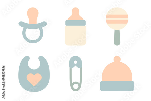 Collection of essential baby care objects including pacifier, bottle, rattle, bib, safety pin, and beanie