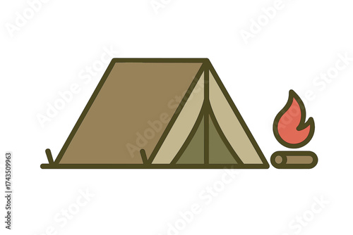 Traditional camping tent pitched next to a small burning campfire representing outdoor recreation and adventure travel