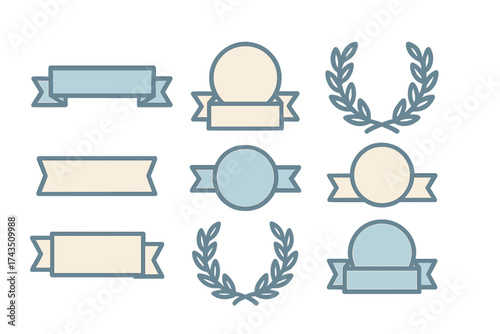Set of nine decorative ribbons, banners, circular badges, and laurel wreaths for awards