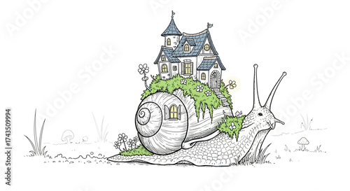 Snail Carrying a House on its Back in a Whimsical Illustration.