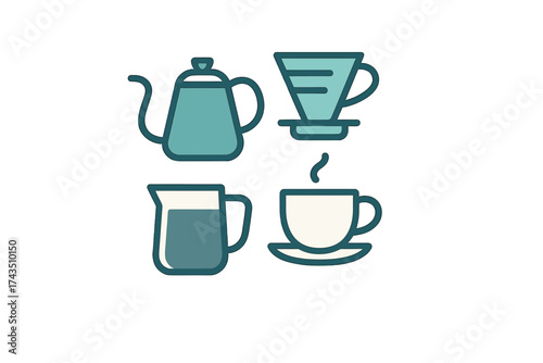Stylized set of coffee preparation symbols featuring kettle, dripper, pitcher, and beverage cup