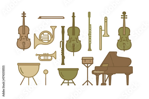 Stylized collection of classical orchestra musical instruments featuring strings, brass, woodwind, percussion, and piano