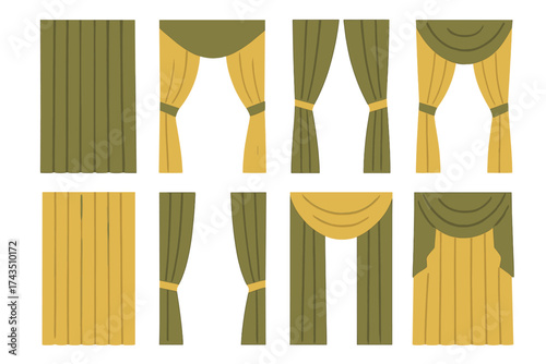 Set of eight decorative window treatments including drapes, swags, and valances