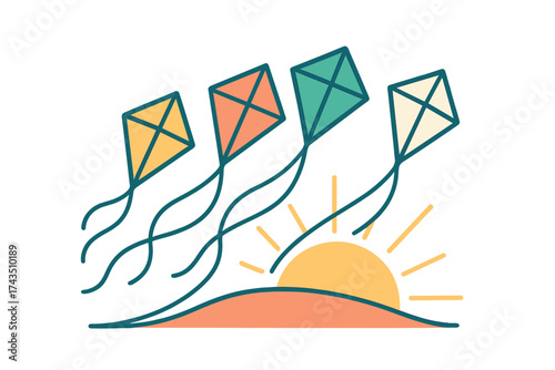 Four colorful diamond kites flying above a bright rising sun on the horizon