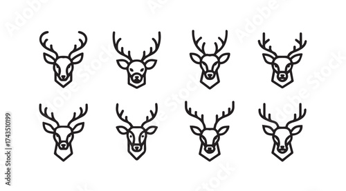 Set of eight stylized deer head icons with antlers simple outline design for nature graphics vector