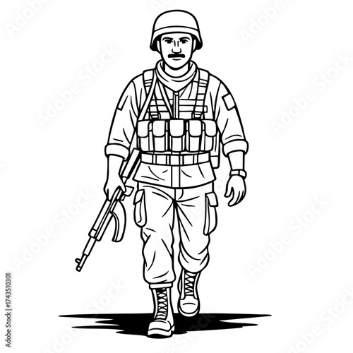 Male Soldier Holding Rifle – Strength, Discipline, and Service Concept – Black and White Line Art Vector Illustration